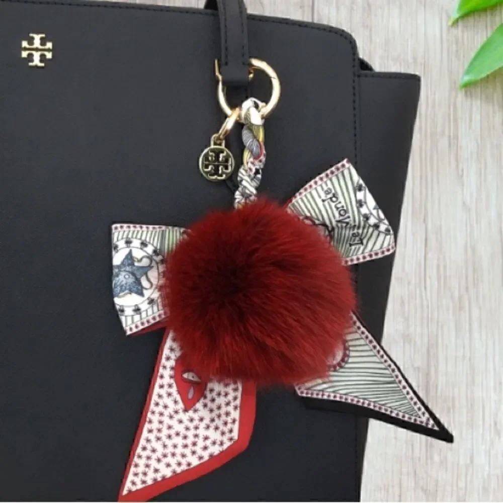TORY BURCH KEY CHARM FOX FUR SILKY BOW